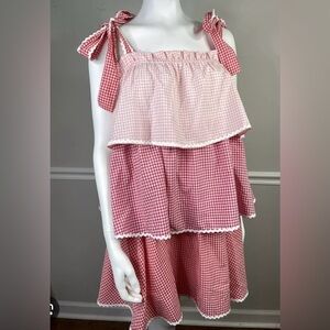 English Factory, gingham tiered, hot pink, light pink m, bow shoulder dress